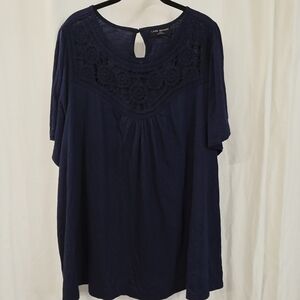 Lane Bryant 26/28 4X Deep Navy Blue Crochet Neckline Keyhole Boho Blouse Top